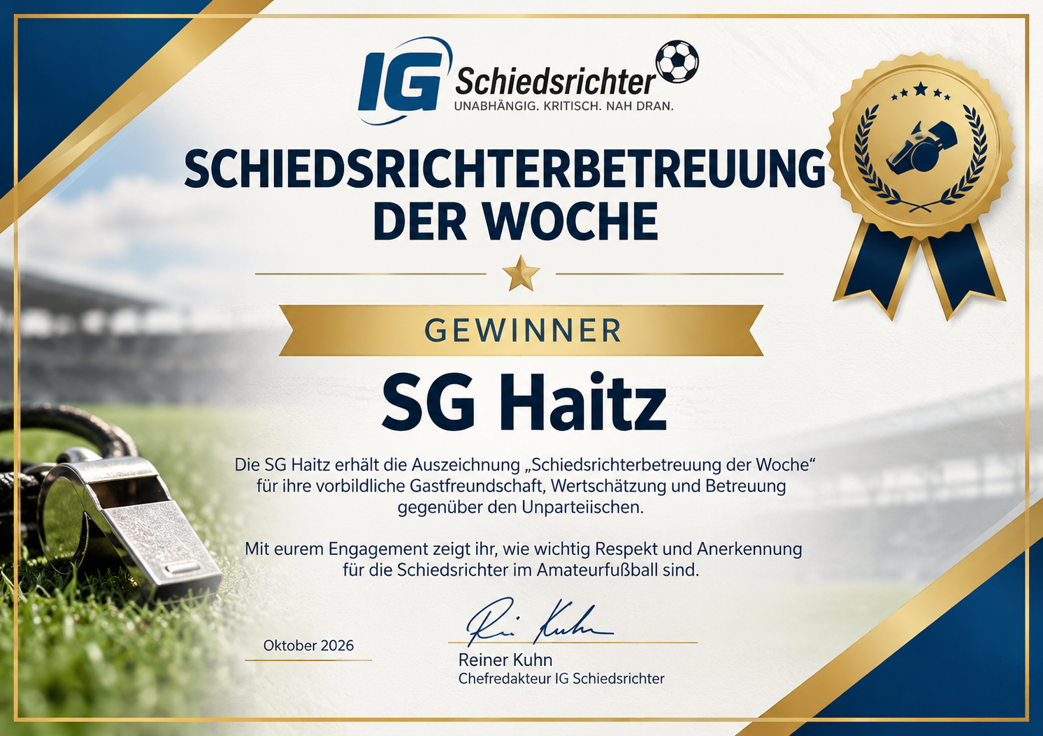 Mehr über den Artikel erfahren SG Haitz gewinnt erste Leserwahl zur „Schiedsrichterbetreuung der Woche“